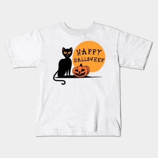 Black Cat Halloween Pumpkin Kids T-Shirt